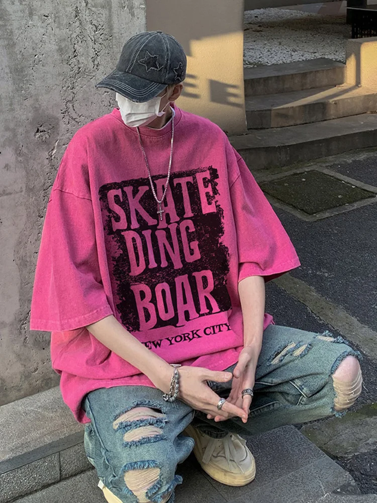 

Heavyweight 300 Pou T-irt Men's Waed Vintage ort Sve High Street Vibe Trendy Brand f Sve Body irt Top