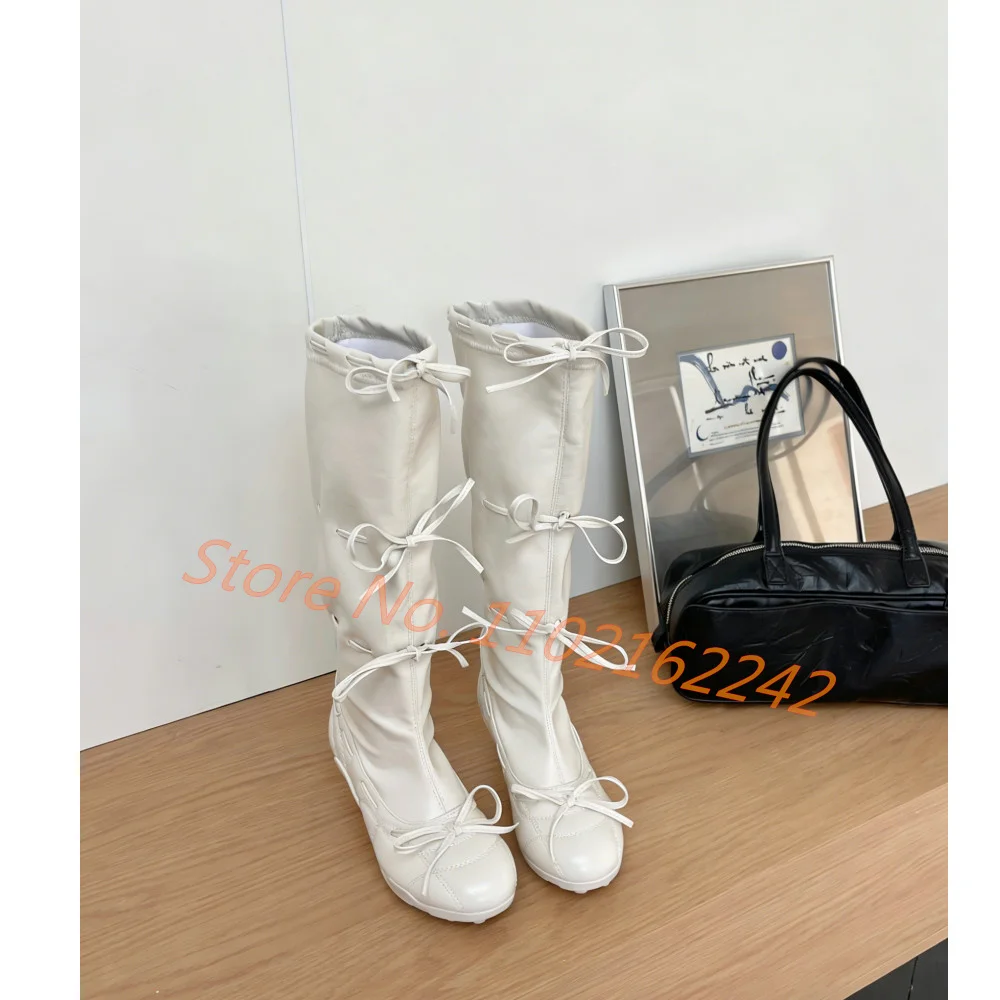 Bow-Tie Ballet Knee-High Boots Women'S Round-Toe Low-Heeled Leather Stretch Boots Fashion Runway Summer Modern Women'S Boots 46 view 5