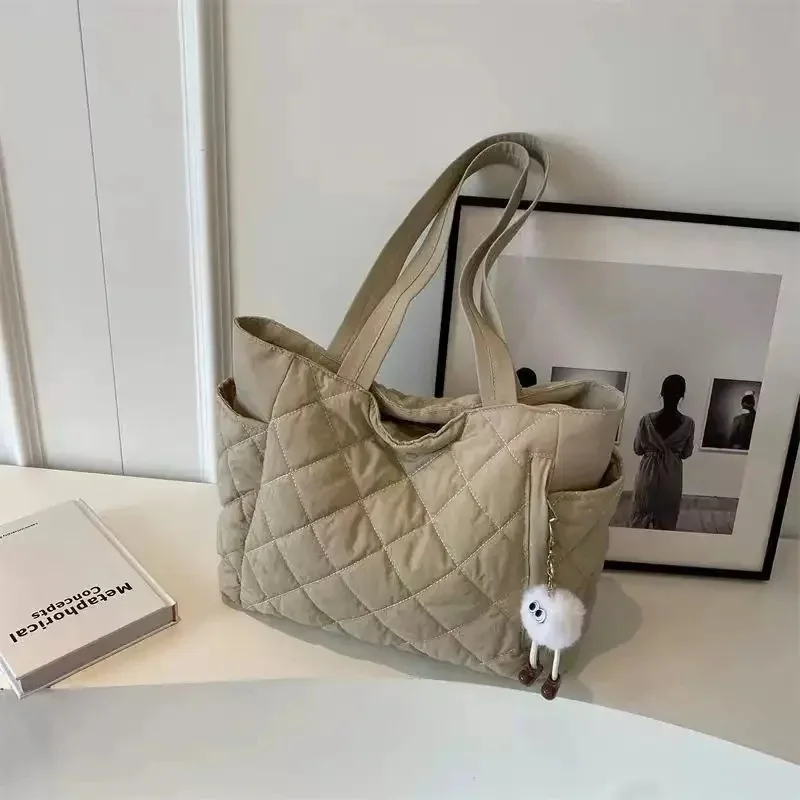 Cotton bag with rhombus design, large capacity, women's handbag, shopping bag, versatile, shoulder bag, cross-border