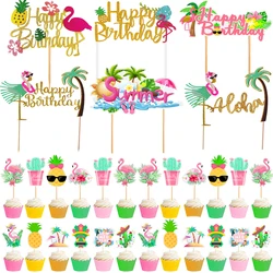 Hawaiian Cupcake Toppers Flamingo Pineapple Happy Birthday cake Topper Tropical Summer Beach Birthday Party Cake Decoration