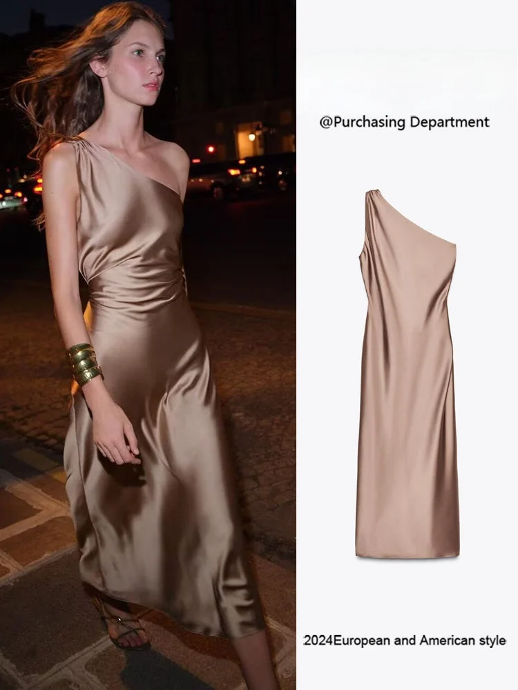 

New Autumn Fashion Asymmetric Silk Satin Long Dress Women's Elegant Quality ZA2025 Gown Stage Costume Traditional Ethnicwear