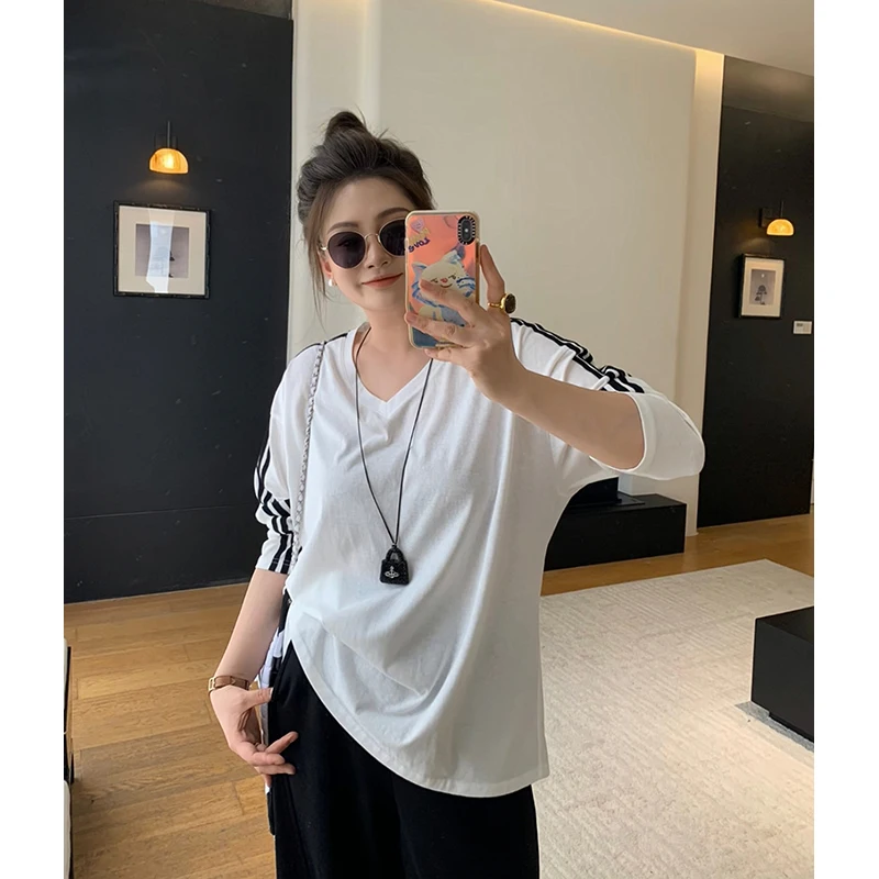 

Классическая свободная женская футболка с V-образным вырезом, в полоску, повседневная, из хлопка, с длинным рукавом, укороченная, удобная, дышащая, модный топ