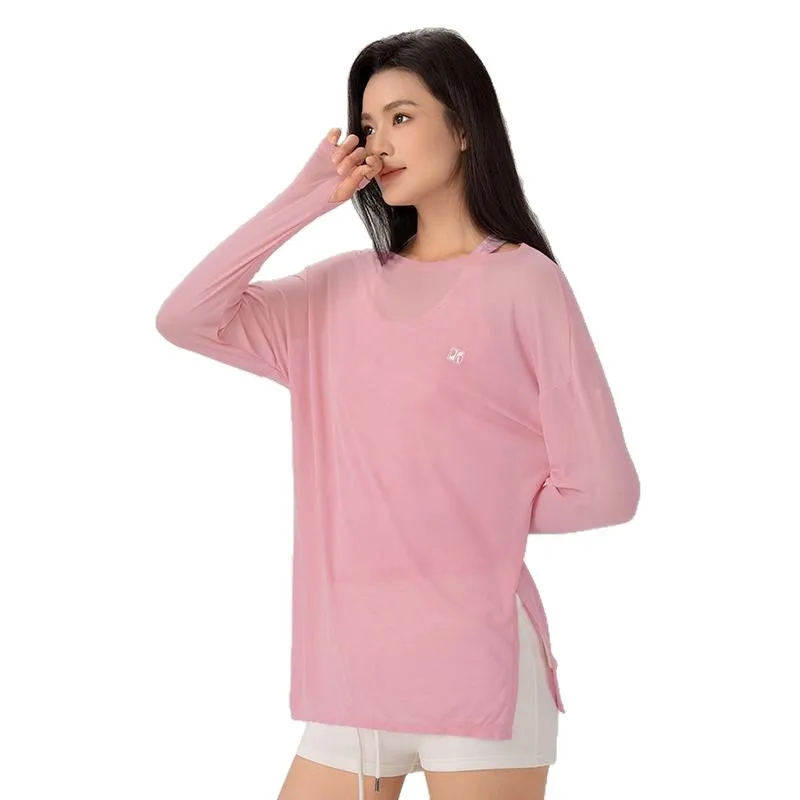 

Летняя женская футболка для йоги с круглым воротником и боковым разрезом, легкая тонкая футболка с длинными рукавами, дышащая спортивная блузка для фитнеса и спортзала, удобные топы