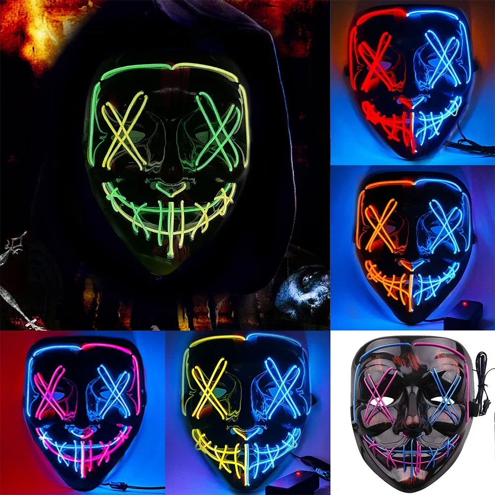 Máscara de purga LED de neón inalámbrica para Halloween, máscaras para fiesta de disfraces, máscara de terror ligera para crecer en la oscuridad, máscara brillante