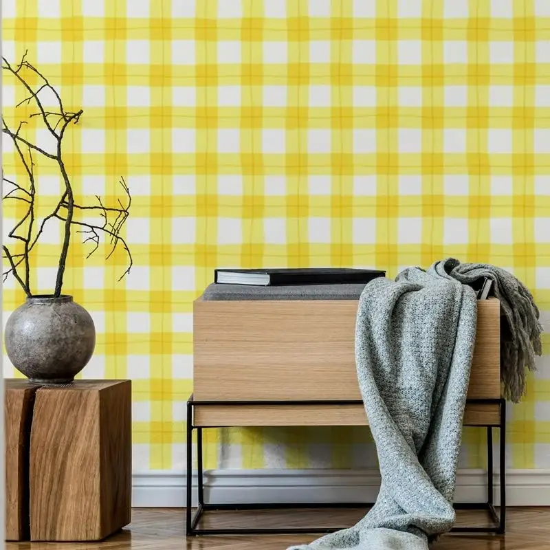 

Yellow Checkered Wallpaper Peel and Stick/ Non wovenTraditional Wallpaper Geometric Self-adhesive Wallpaper For Room Decoration