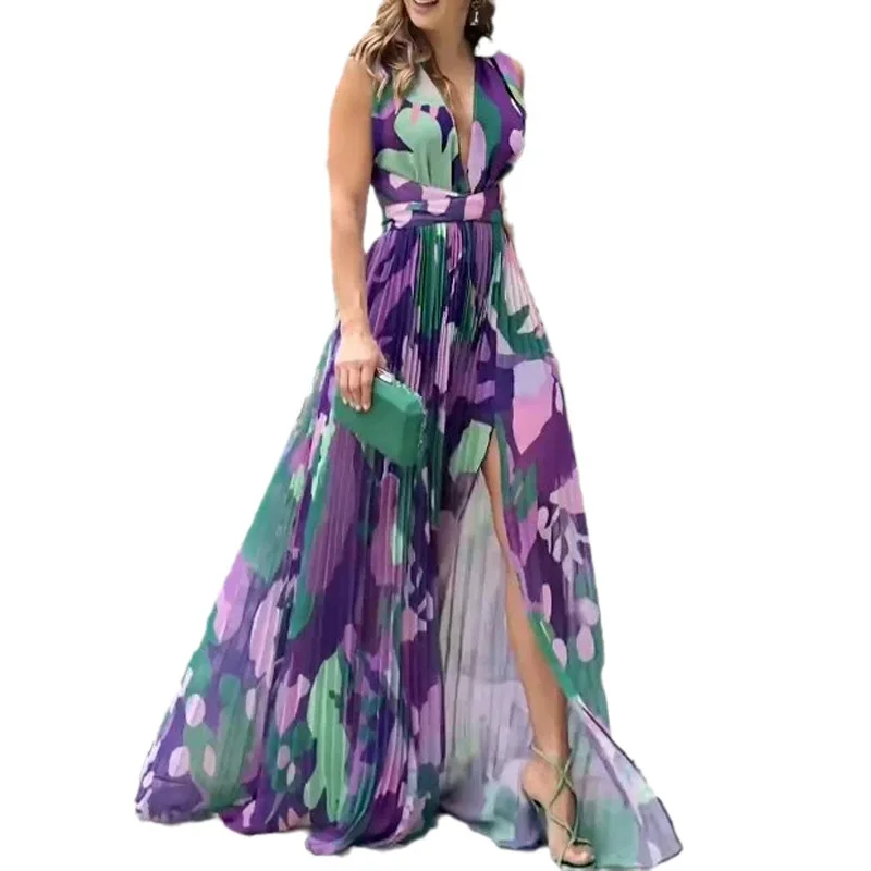 Women\'s Dress Sexy Deep V Neck Sleeveless Backless High Waist Split Long Dress Large Swing Fashion Elegant Party Dresses