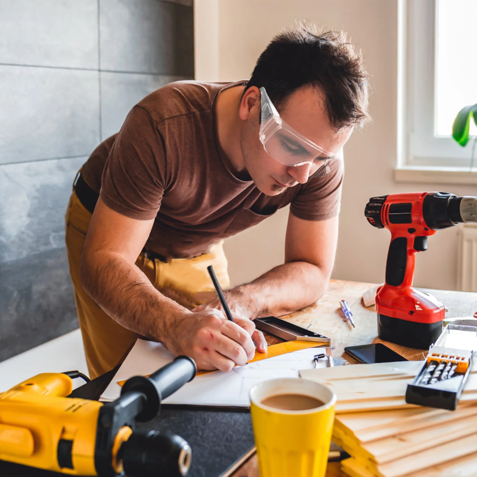 

6pcs Safety Glasses Transparent Frame Impact Resistant Breathable Design Wide Factory Protective Eyewear For Men