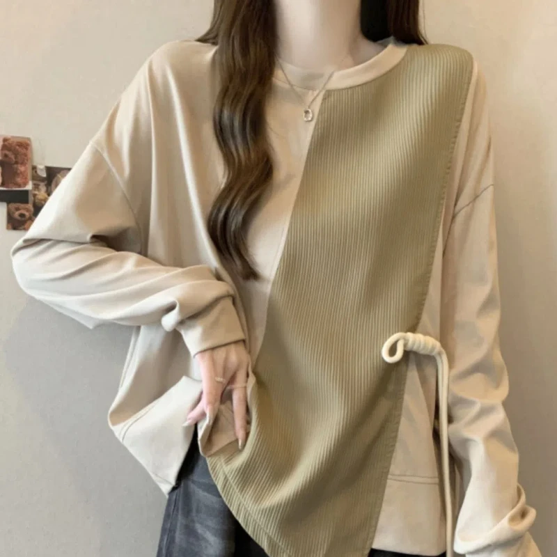 

Irregular Splicing Color Blocking Long Sleeved T-shirt for Women in Plus Size Fat Mm Popular Loose and Casual Versatile Meat