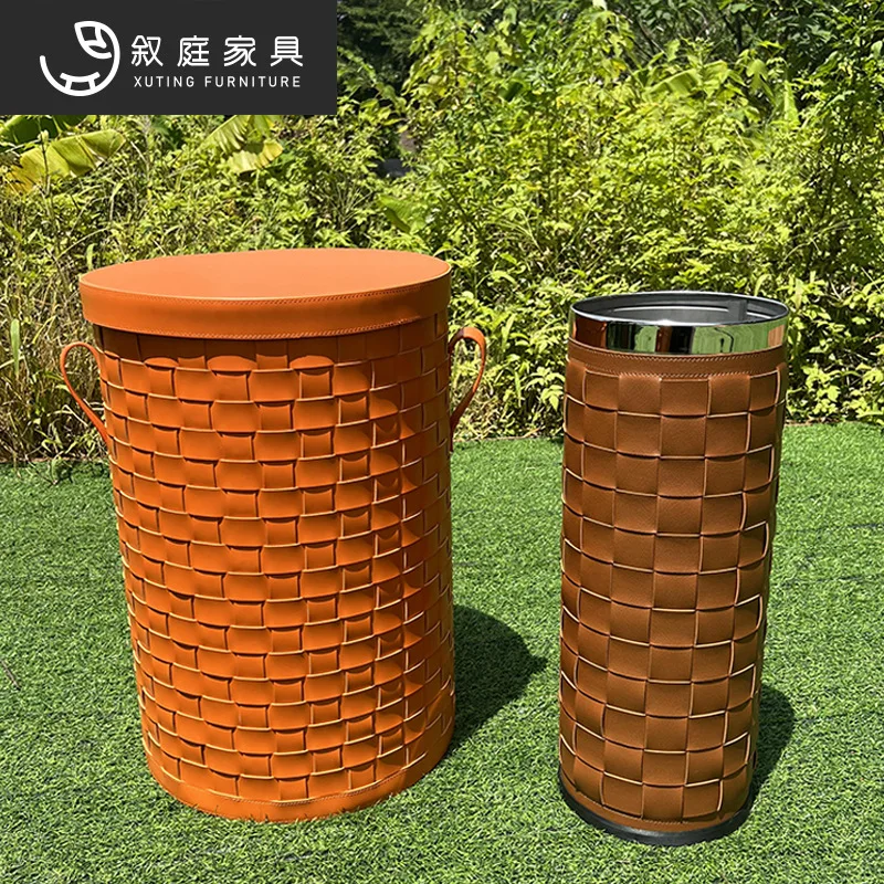 Leather woven umbrella storage bucket Household door umbrella rack woven laundry basket portable storage basket combination