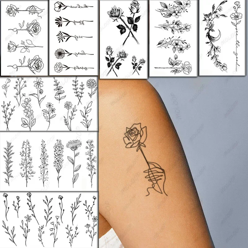 Sketch Rose Flowers-pegatina de tatuaje temporal impermeable para mujer, diseño de líneas de mano, tatuajes falsos, tatuajes Flash, arte corporal