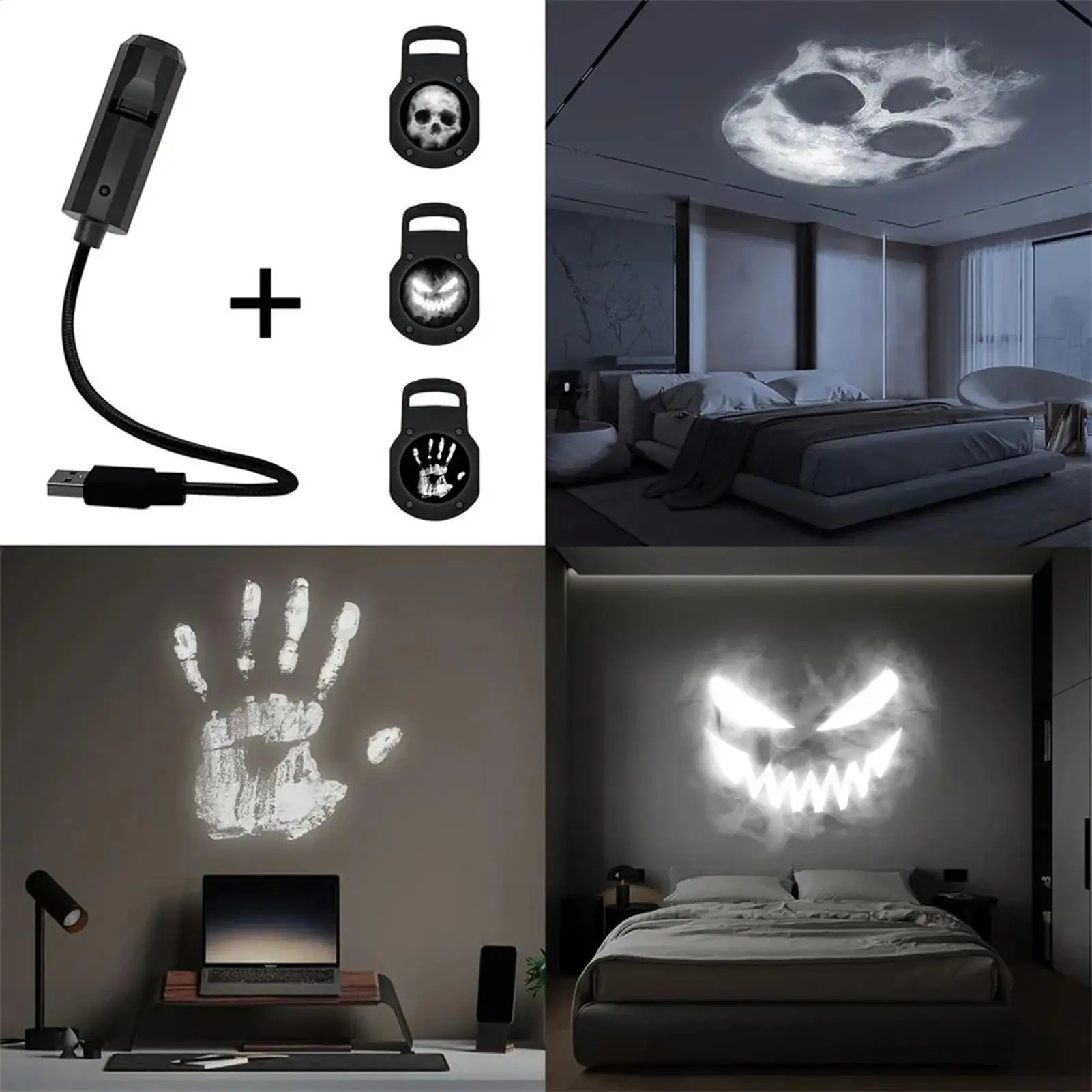 3 Modes Magnetic Halloween House Projector USB 360-degree Rotate LED Skeleton Palm Print Ghost Halloween Night Light Projector