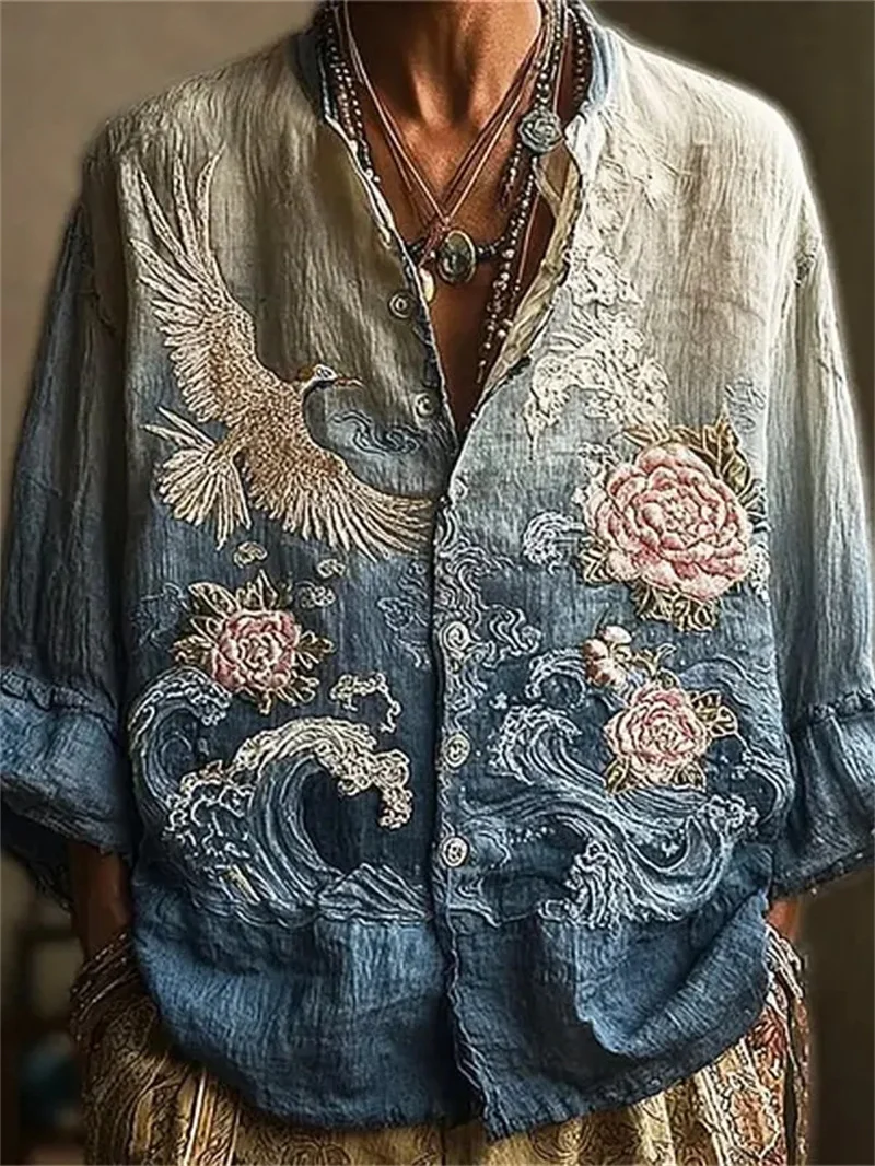 New Spirit Snake Peony Blue Flower Style Printed Long Sleeve Shirt with Collar for Men's Street Vacation Zen Top