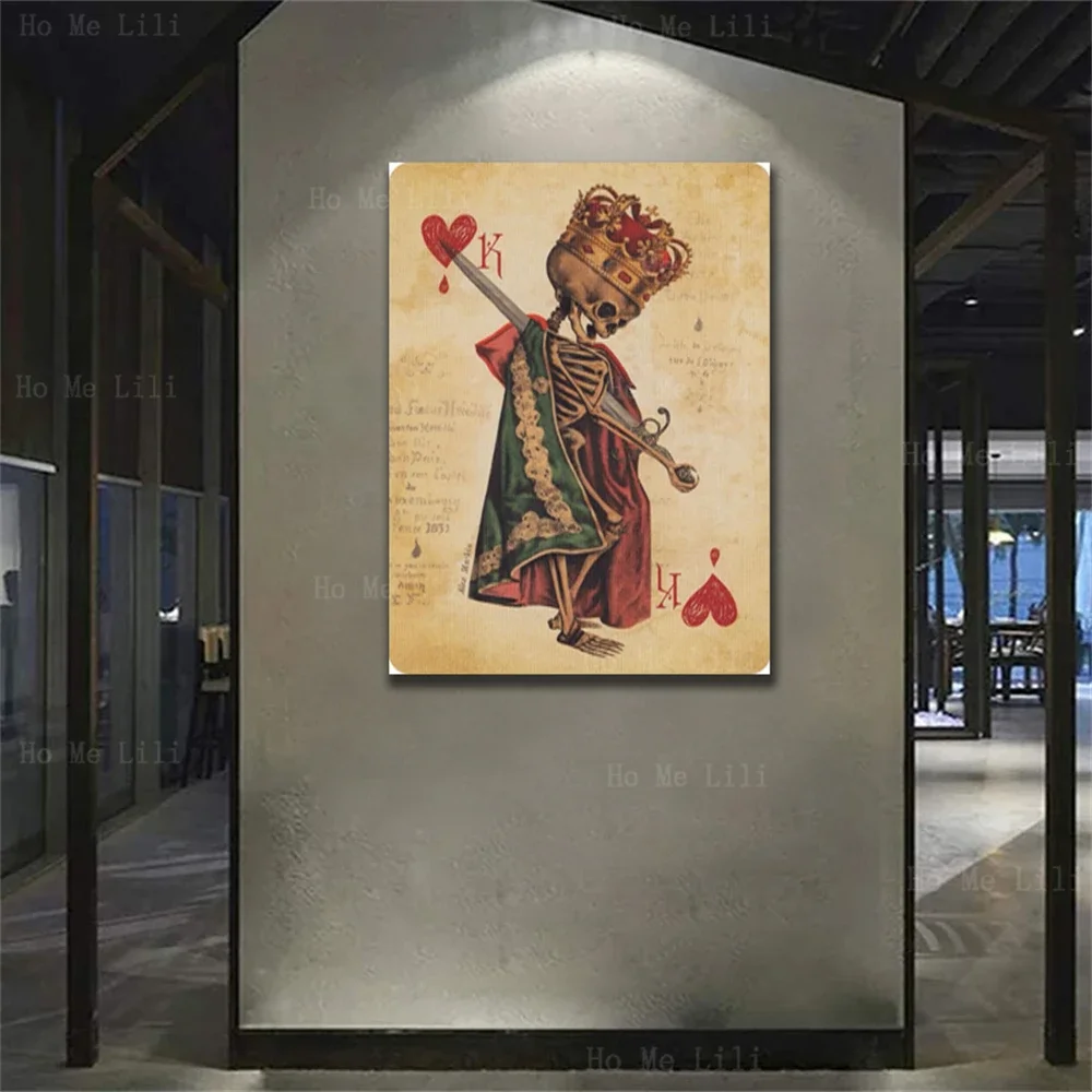 King Of Hearts Vintage Solitaire Beautifully Spooky Skull Playing Cards Art Memento Mori Canvas Wall Art Painting