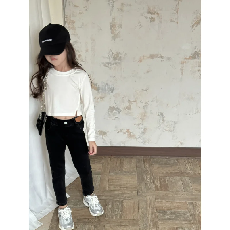 

Princess Yoyo Girls' Autumn New Short Bottoming Shirt Children's Hot Girl Split DesignTT-shirt Hip Hop ShortT