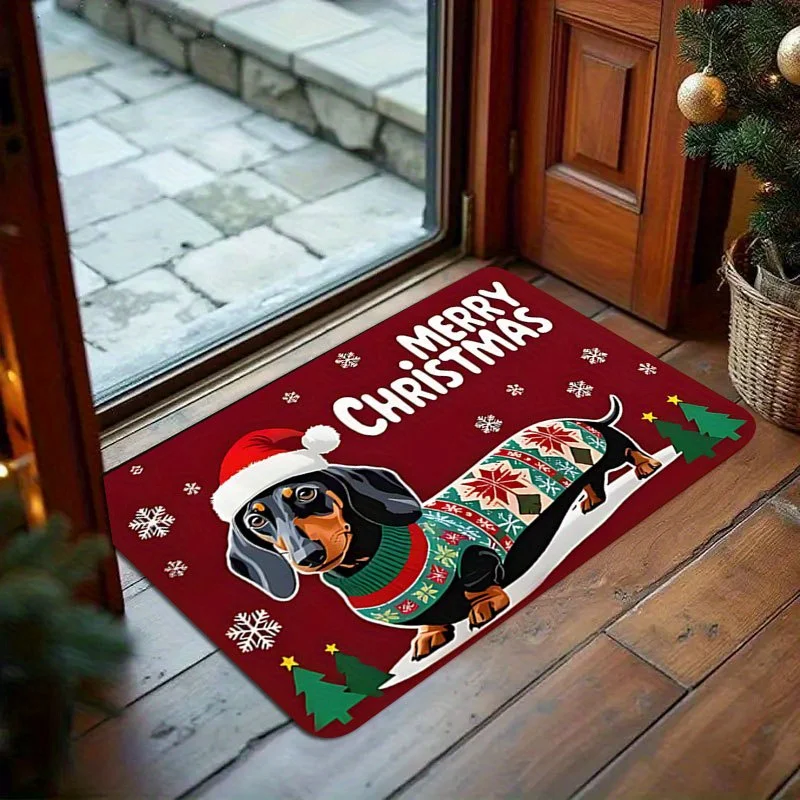 1pc Christmas‑Sweater‑Dachshund Pet Print Welcome Doormat, Washable Indoor Outdoor Floor Mat for Living Room