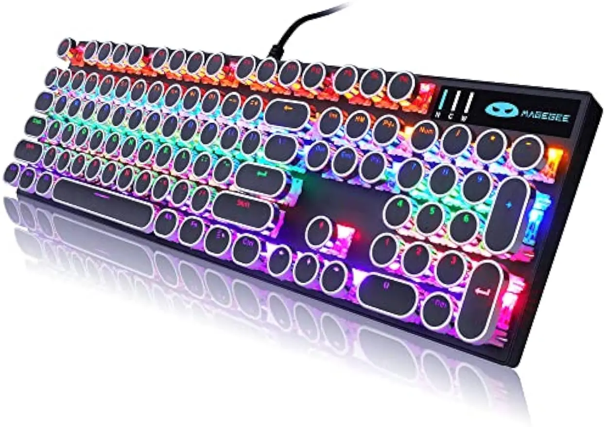 

Black Retro Punk Gaming Keyboard with RGB Backlit, 104 Keys Blue Switch Wired Cute Keyboard, Round Keycaps for Windows/Mac/PC