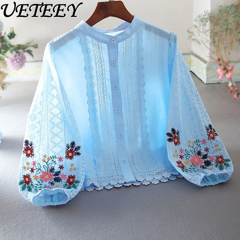 

Original Art Fresh Lace Stitching Exquisite Short Shirt High Waist Design Tops Preppy Style Single-Breasted Women's Blouse