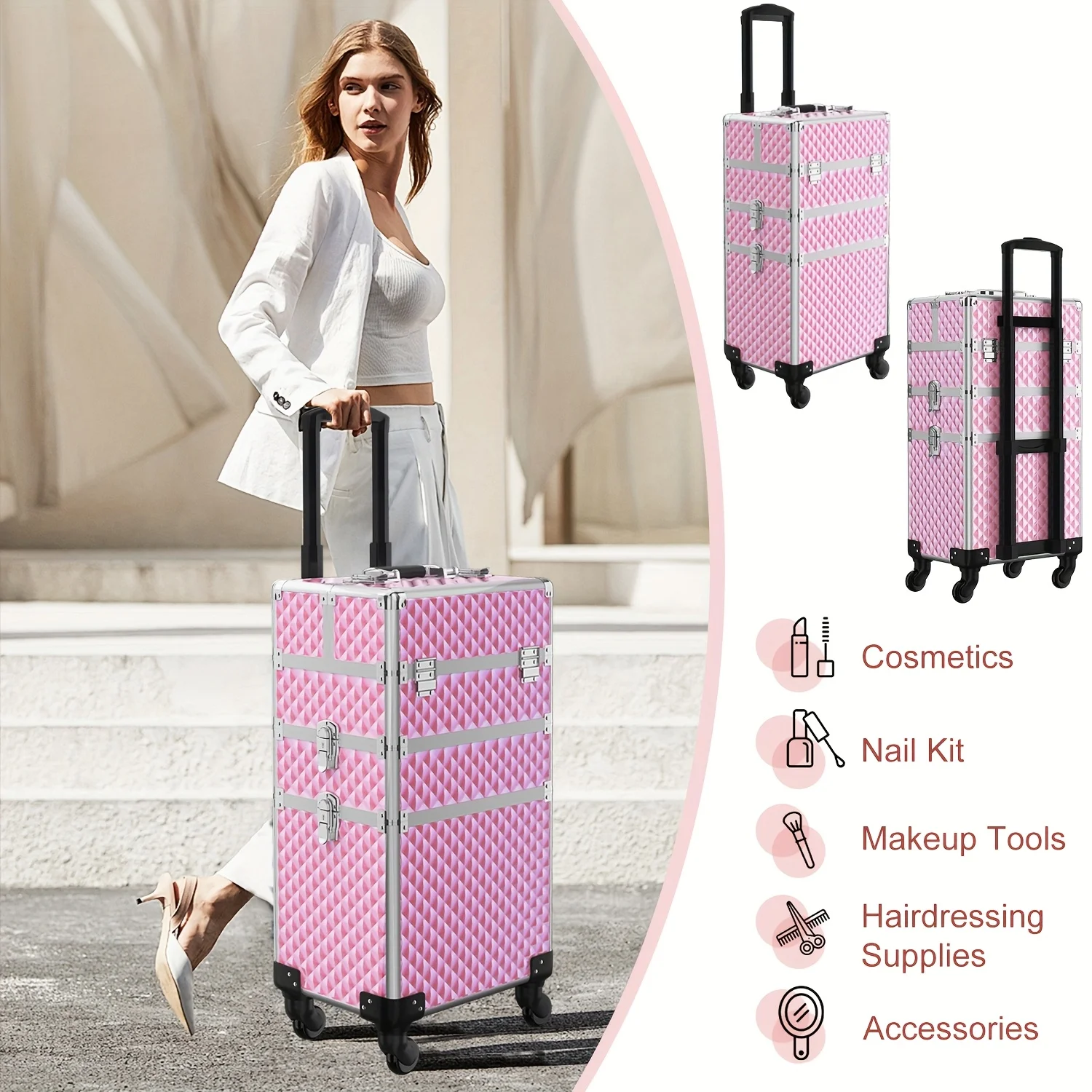 Rolling Makeup Train Case with Makeup Sponges Set,Large Storage Cosmetic Trolley 3in1 Large Capacity Trolley Makeup Travel Case