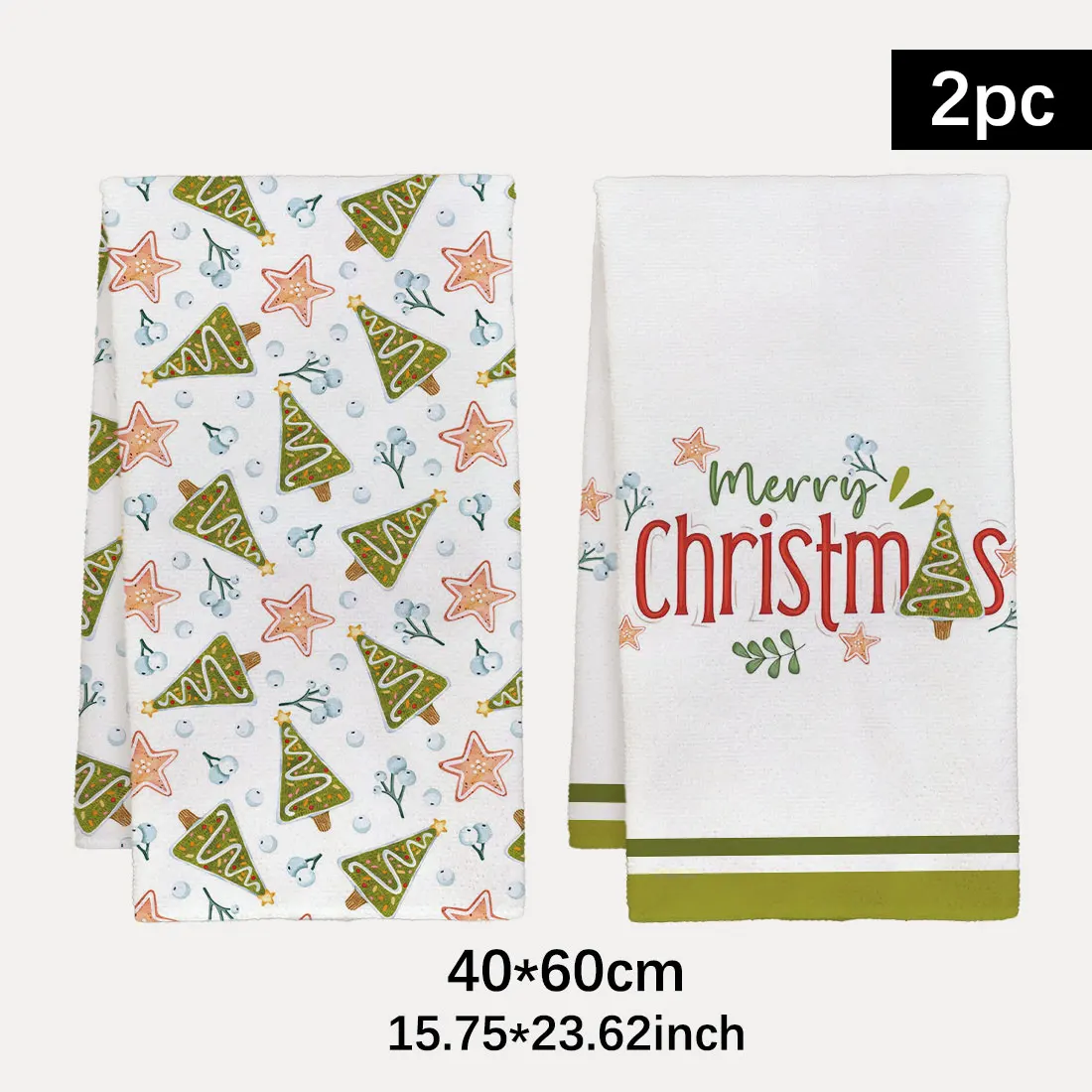 2PCS Christmas Kitchen Towels Green Christmas Tree Star Berry Pattern,40x60cmUltra fine Fiber Christmas Home Decoration,2026Gift