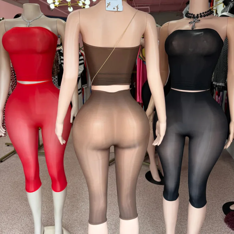 Sexy Mesh See Through 2 Piece Sets Woman Strapless Sleeveless Crop Tops And Skinny Capri Pants Set Midnight Party Club Suits