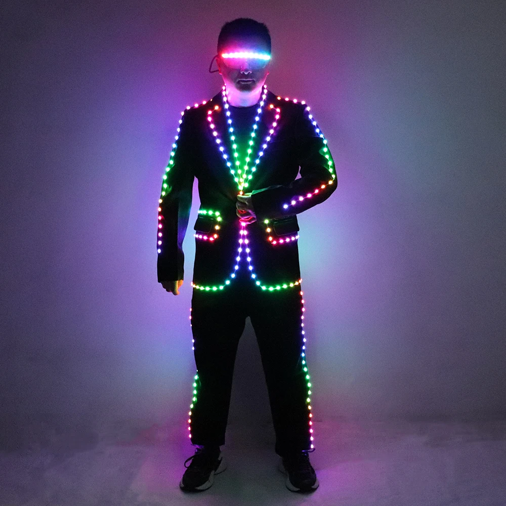 Full Color Pixel LED Luminous Suit Jacket Coat Stage Dance Costume Light Up Clothing Men Women Nightclub Party Glowing Outfits