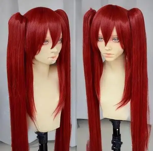 Popular Fairy Tail Scarlet Long Dark Red Straight Cosplay Wig + Two Clip on Ponytail