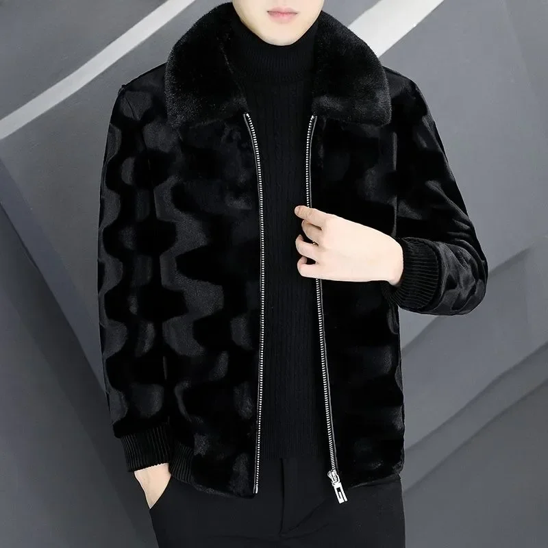 Polo Collar Thicken Warm Leather Fur Outcoat Casual Large Size Pure Color Outwear Men High-End Mink Fur Coat Male Fashion Parkas