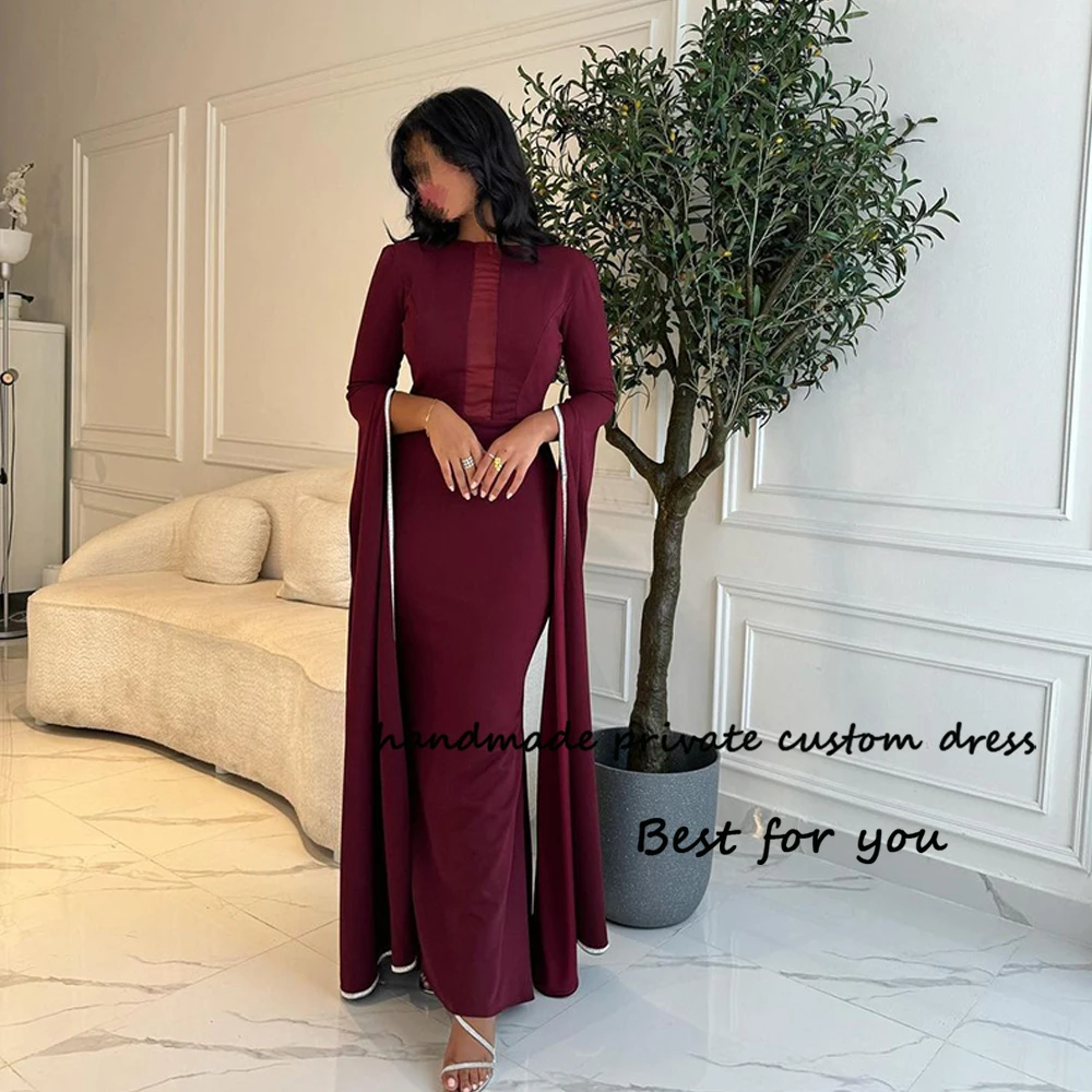 

Burgundy Satin Mermaid Evening Dresses Long Sleeve O Neck Arabian Dubai Prom Dress Ankle Length Formal Occasion Gowns