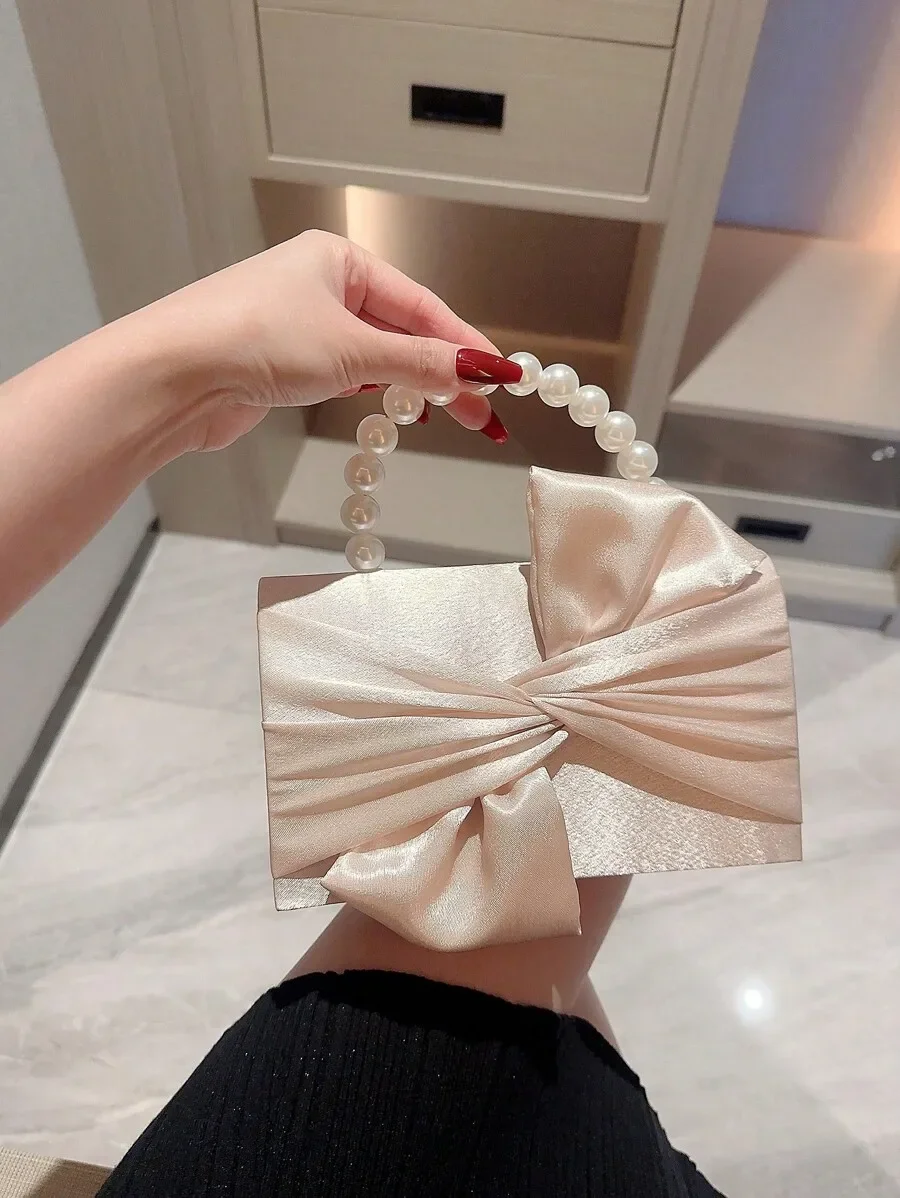

Elegant Bow Detail Box Shaped Evening Clutch With Faux Pearl Handle For Party Wedding Prom