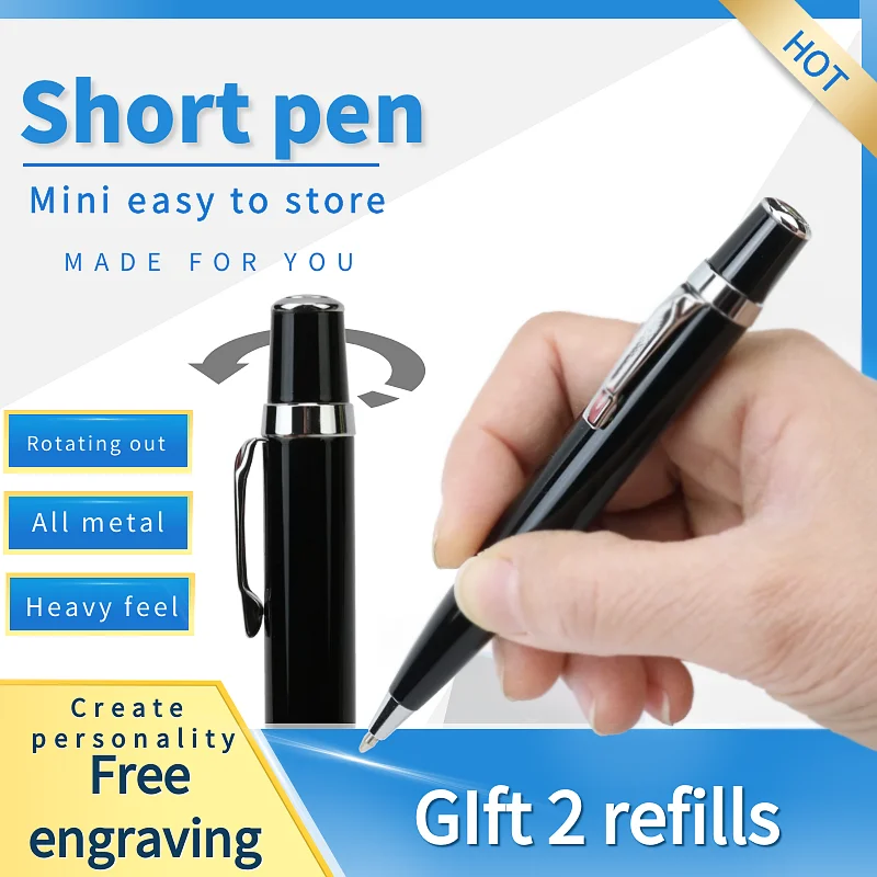 Luxury Mini full metal short ballpoint pen give 2 refills 0.7mm balck and blue ink heavy portable notebook Roller pens