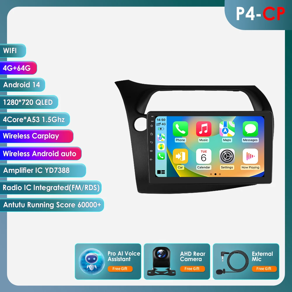 Android13 Autoradio Voor Honda Civic Hatchback 2005-2011 Auto Multimediaspeler Draadloze Carplay 4G-Let 2din Autoradio 360Camera