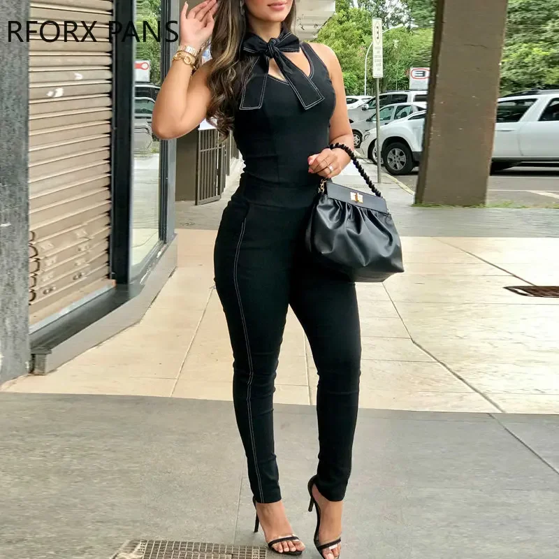 Women Elegant bright line decoratiom bow sleeveless Black pencil pants Jumpsuit