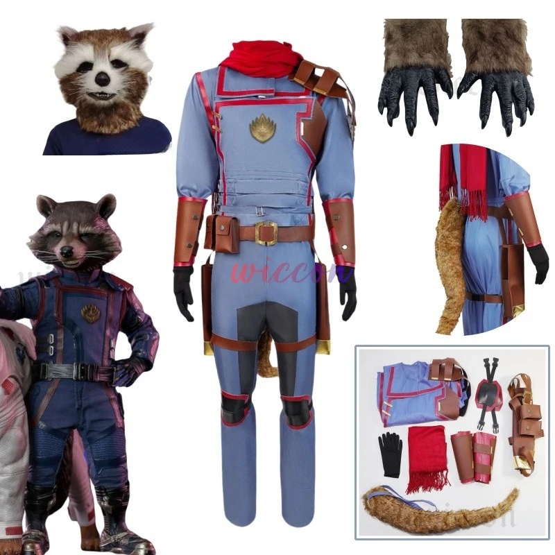 

Raccoon Rocket Cosplay Costume Movie Adult Mask Uniform Suit With Tail Alkane Bear Role Play Costume Halloween Carnival Clothes
