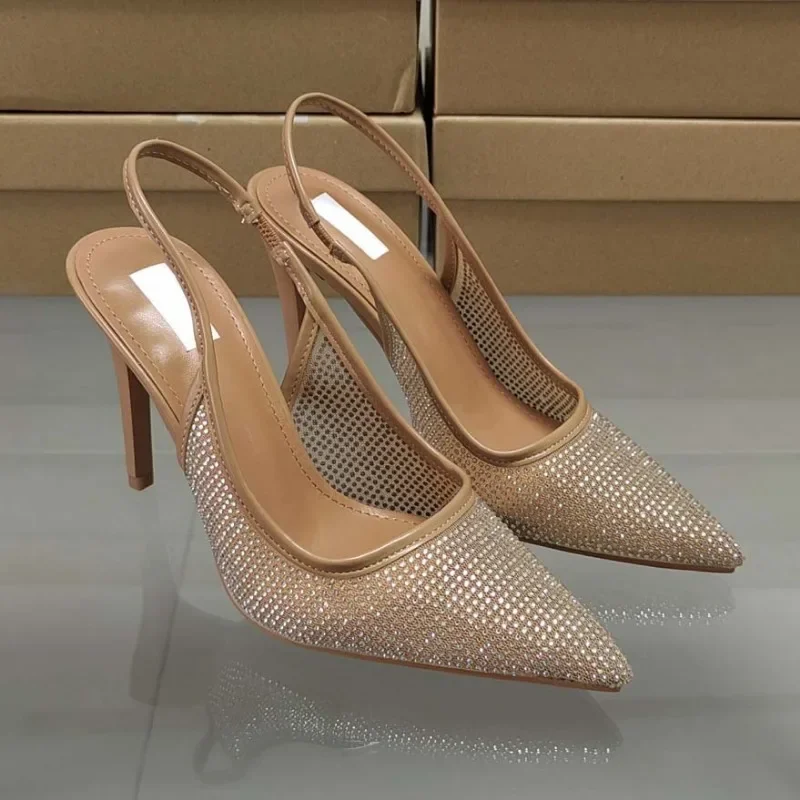 

2025 Summer Women High Heeled Sandals Pointed Back Strap Bright Diamond Slingback Stilettos Lady Party Bride Shoes Zapatillas