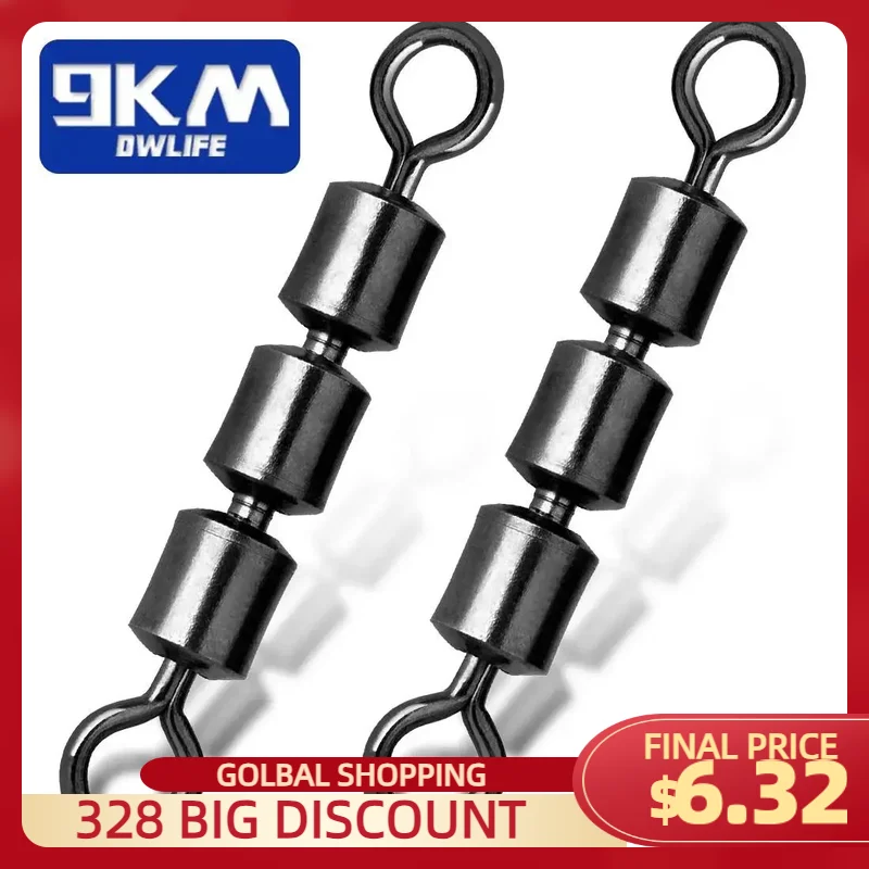 3 Roller Swivels 15~60Pcs Fishing Barrel Swivels High Speed Triple Bearing Rolling Siwvels Fishing Accessories Stainless Steel