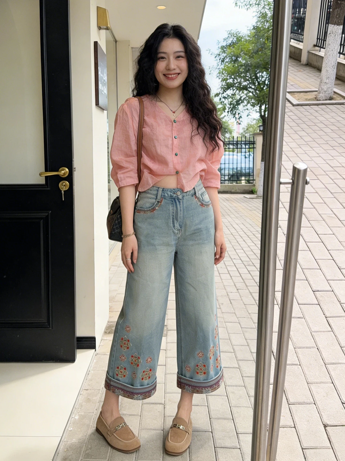 New Chinese Style High Waist Straight Leg Embroidered Jeans Women's Summer 2026 Slimming Wide Leg Pants Cuffed Ankle