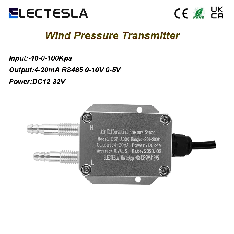 

Gas Air Pressure Sensor Digital Wind Differential Pressure Transmitter Range -50-0-100Kpa 4-20mA 0-10V RS485 Output Power DC24V