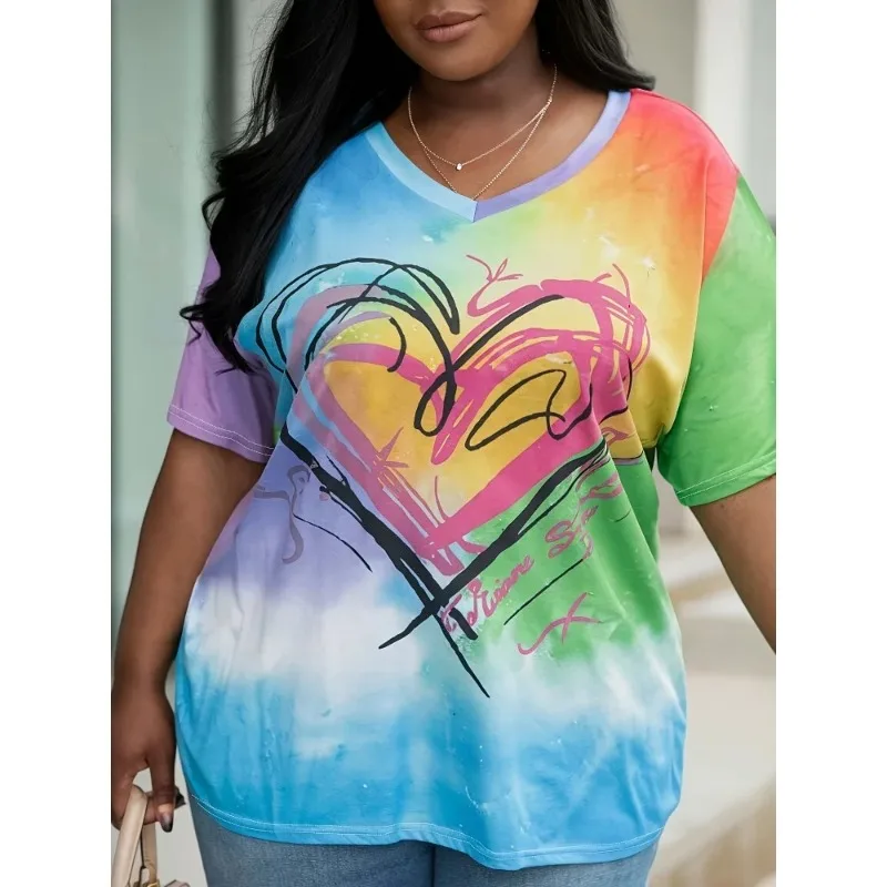 

Plus Size 1XL-5XL Women's Fashionable V-neck Heart-shaped Printed Casual and Comfortable Short Sleeved T-shirt