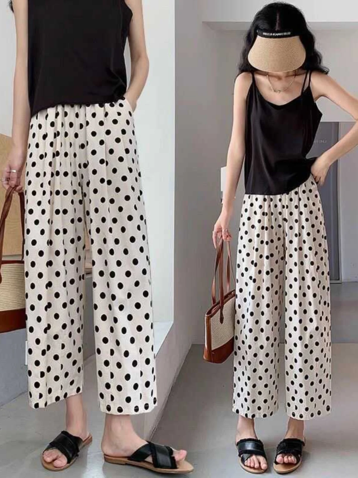 Pantalones de pierna ancha de cintura alta de lunares, pantalones informales de nueve puntos frescos de seda helada con cintura elástica fina de verano, tendencia Faion para mujer