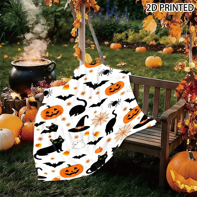 Playful Halloween Cartoon Print Throw Blanket, Repeating Pattern with Pumpkins, Ghosts, Bats & Spiders, Soft Cozy Fall Decor, Mu