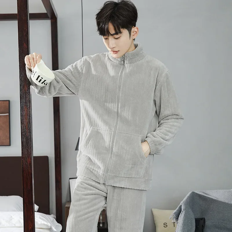 2024 Men\'s Warm Thickened Coral Fleece Pajamas Sets Autumn Winter Casual 2PCS Sleepwear Sets Male Warm Soft Flannel Nightwear