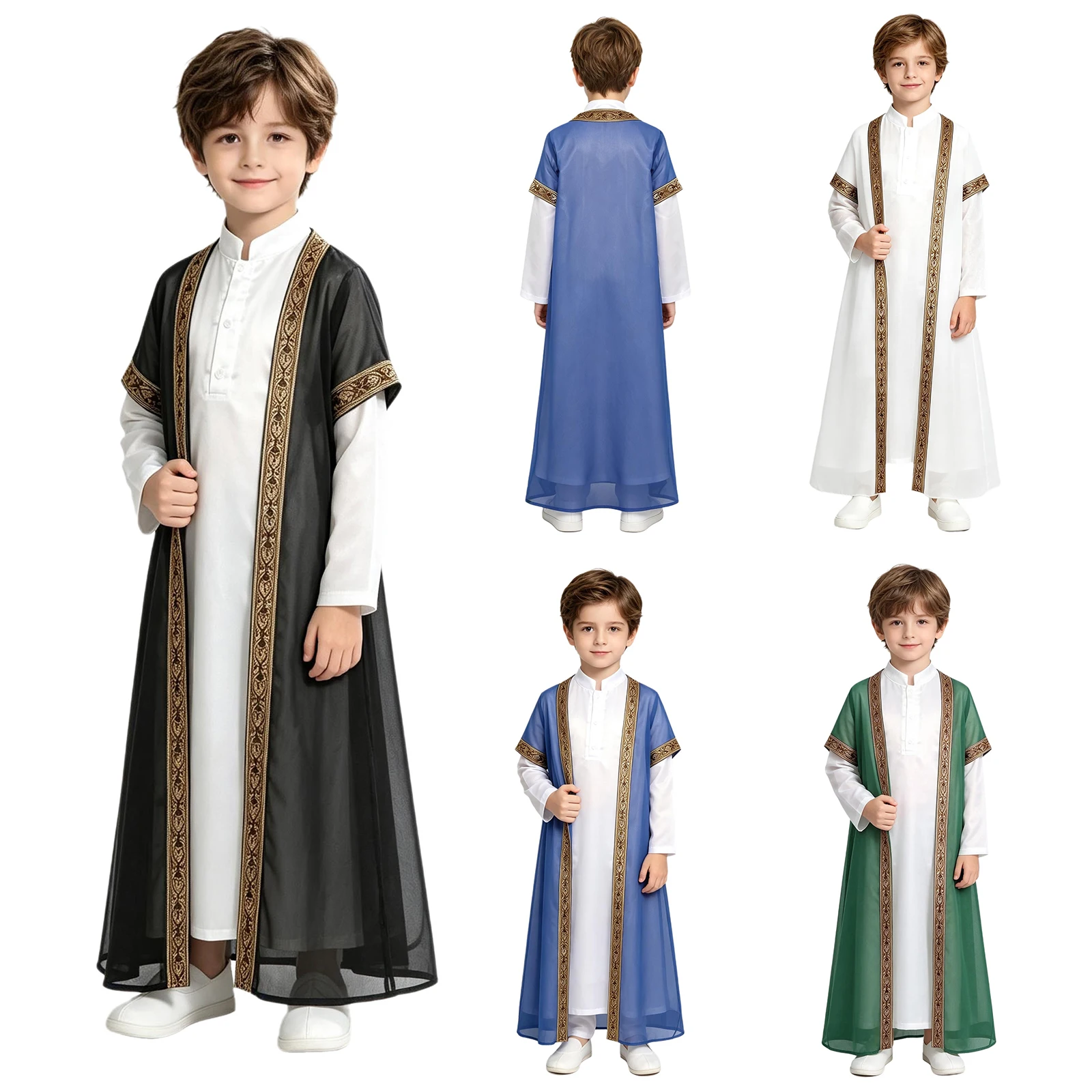 Children Kaftan Thobe Kids Boys Long Sleeve Muslim Robe Arabic Prince Gown +Short Sleeve Sheer Tulle Cardigan Arab Folk Clothes