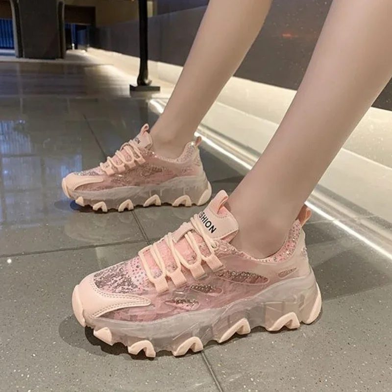 

2025 Summer Women's Korean Style Dad Shoes Crystal Sole Mesh Breathable Versatile Thick Sole Casual Ins Trendy Sneakers
