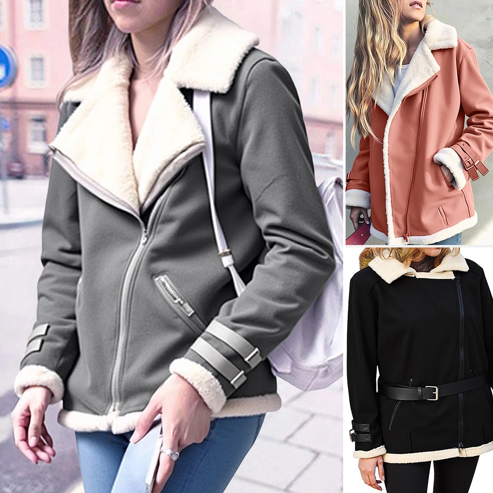 

Mia Muse Womens Autumn Winter Casual Coat Korean Fashion Patchwork Design Long Sleeve V-Neck Faux Fur Trim Lapel Zipper Closure