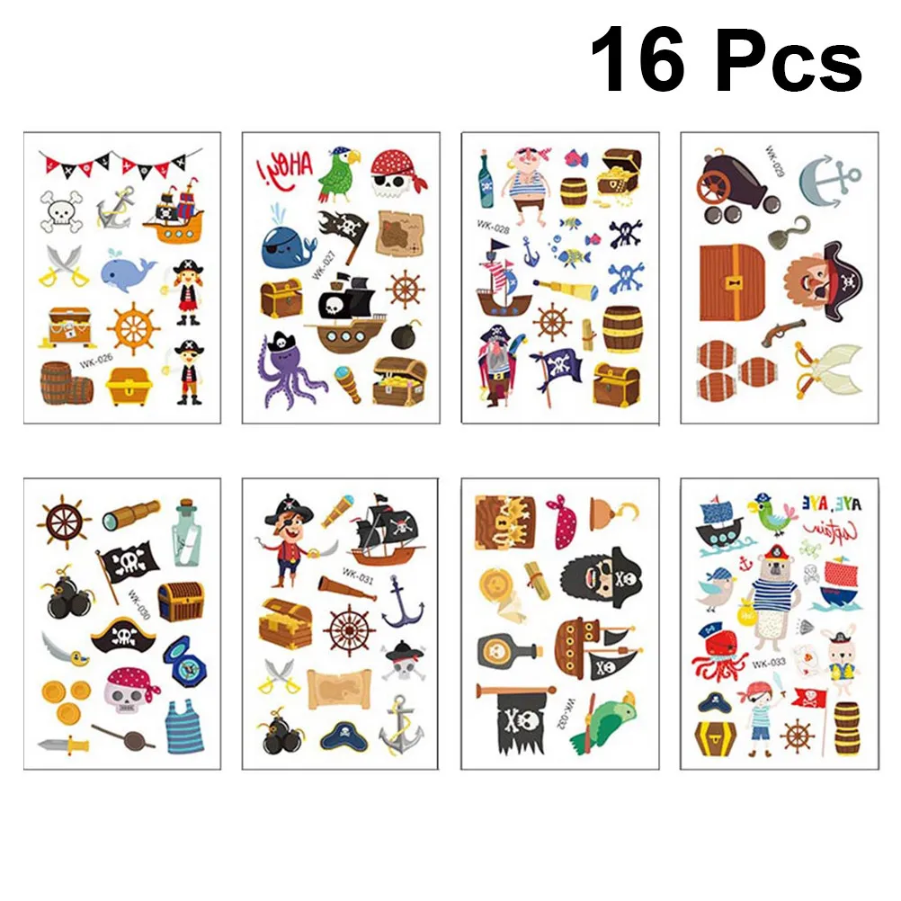 

16 Pcs Temporary Tattoos Kids Cartoon Pirate Pattern Waterproof Stickers Party Favors Long Lasting Safe Cosplay School Plays