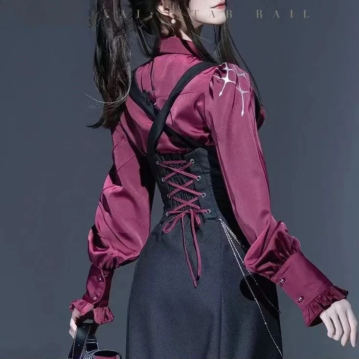 

Cos Clothing Slim Fit Long Sleeve Shirt and Goth Lolita High Waist Strap Skirt Spring Summer New Sweet Girls Two Piece Set