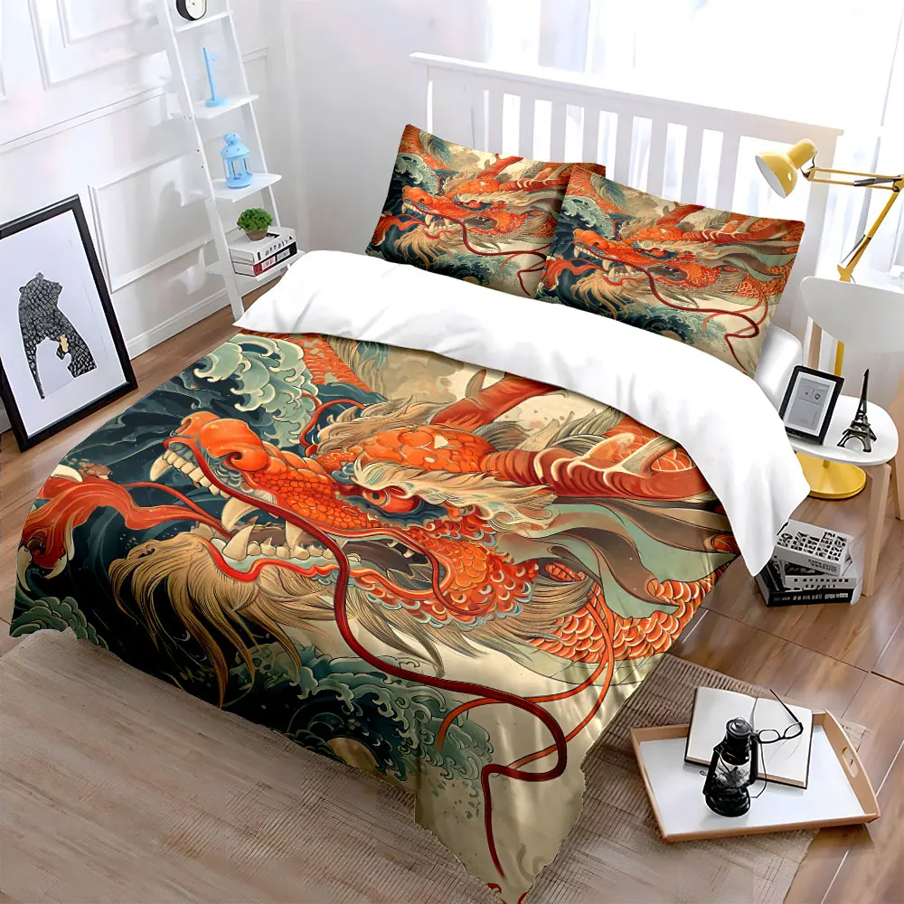 3Pcs Chinese Red Dragon Ocean Wave Duvet Cover Set, Traditional Oriental Folk Art Bedding Single Double King Queen, Gift