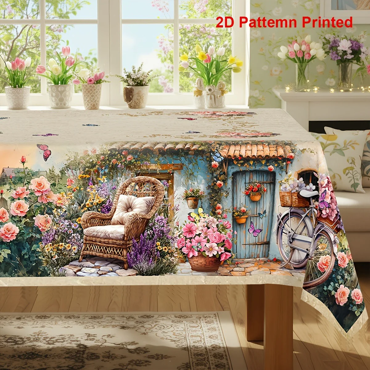 Tablecloth, 1pc, Spring/Summer Themed Party Tablecloth, Valentine's Day Mother's Day Vintage Butterfly Bicycle Rose Floral Print