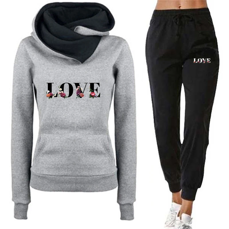 Womens Tracksuit Outfits Autumn Winter Hooded Sweatshirt +Black Sweatpants High Quality Ladies Daily Casual Warm 2 Piece Set