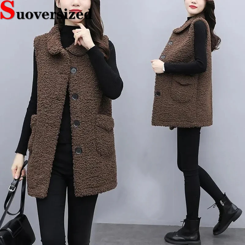 

Oversized 4xl Lambswool Vest Autumn Mid-length Women Chaleco Casual Mom's Teddy Waistcoat Loose Korean New Sleeveless Jackets